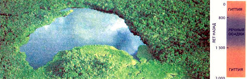 Озеро Аньянгукоча. Распределение осадков в этом и некоторых других эквадорских озерах указывает на то, что западная область дождевых лесов в Амазонии около 1000 лет назад подвергалась продолжительным воздействиям необычайно сильных ливней. Верхний слой осадков (справа) образован гиттией, типичным озерным илом. Ниже располагается слой типичных речных осадков, перекрывающий другой слой озерного ила. Речные осадки отложились в период от 800 до 1300 лет назад. Распределение осадков показывает, что вначале озеро Аньянгукоча было изолированным, а 1300 лет назад стало питаться рекой, вероятно, вздувшейся от частых сильных ливней. Эта река перестала питать озеро около 800 лет назад, возможно, после окончания периода сильных ливней