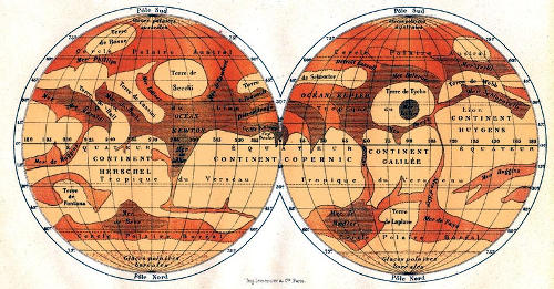 Одна из первых попыток составить карту поверхности Марса, сделанная после его сближения с Землёй в 1877 и 1881 годах